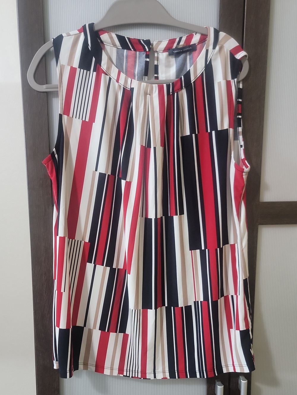 Tommy Hilfiger Sleeveless Geometric Stripe Top in Red, Black & Cream